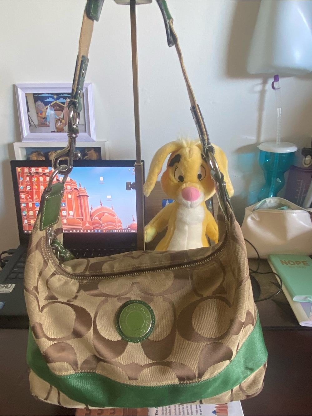 Coach Brown Signature Shoulder Bag with Green Trim - Picture 2 of 11
